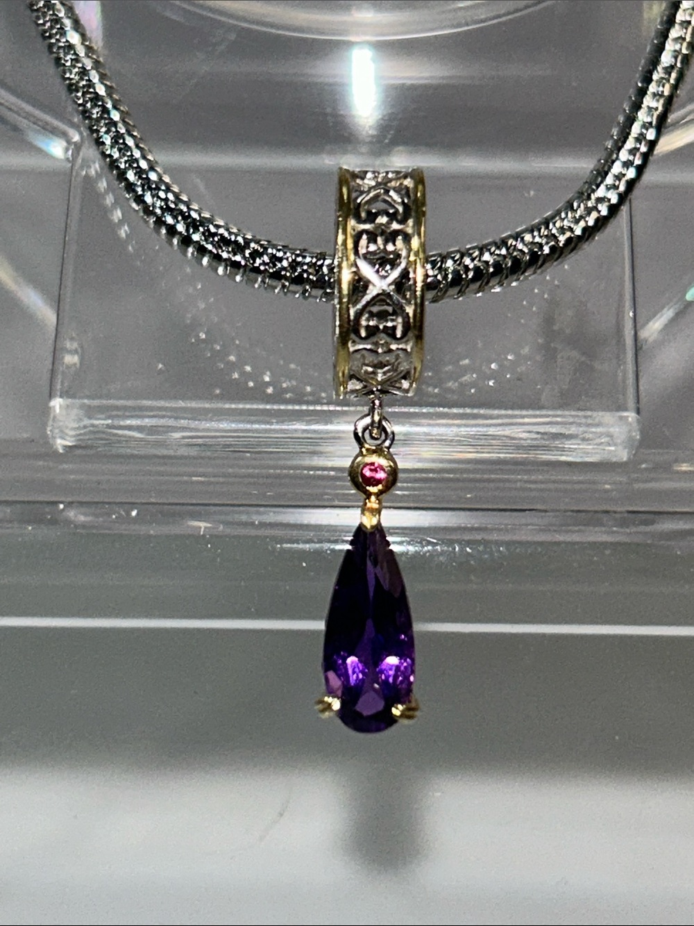 NWOT Gems En Vogue Palladium 18k Accent Genuine Amethyst & Rhodonite Euro Charm